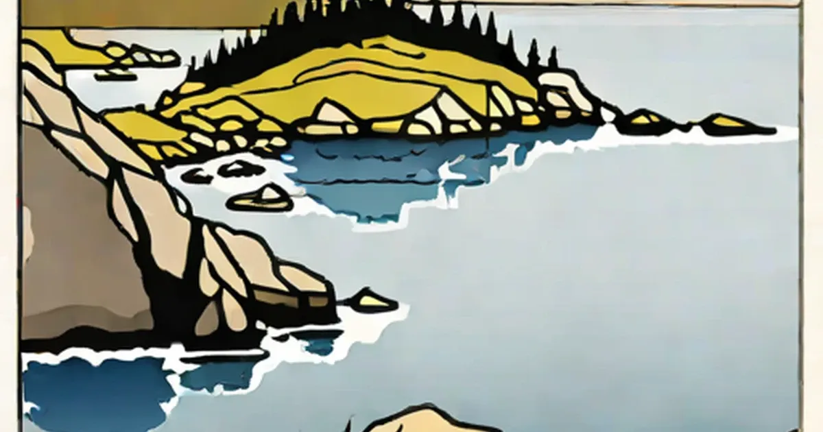 Illustrated map of Newfoundland’s coastline showing forests, cliffs, water, and conical dwelling structures
