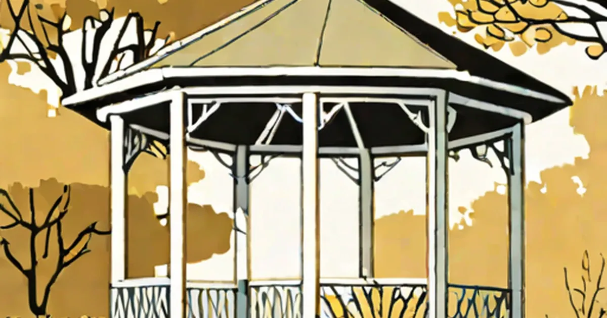 White canopy gazebo with peaked roof and golden autumn foliage background