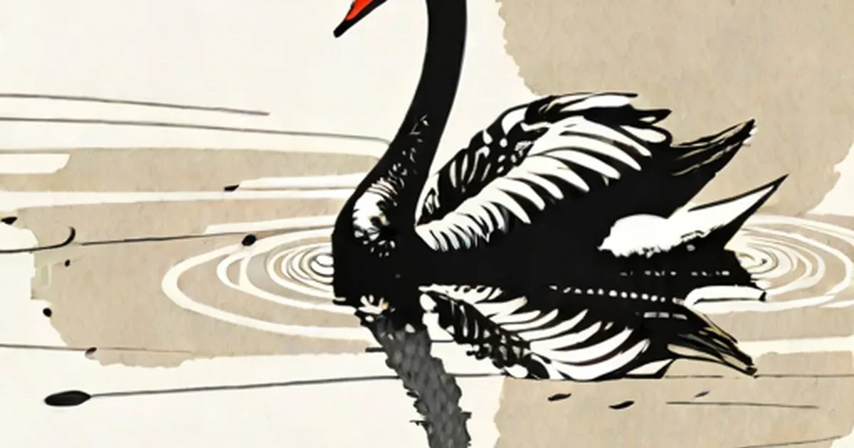 Black swan with extended neck and white feather highlights