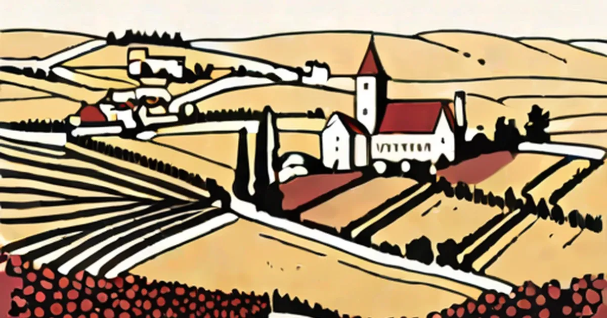 Stylized vineyard landscape with terraced fields and a central church