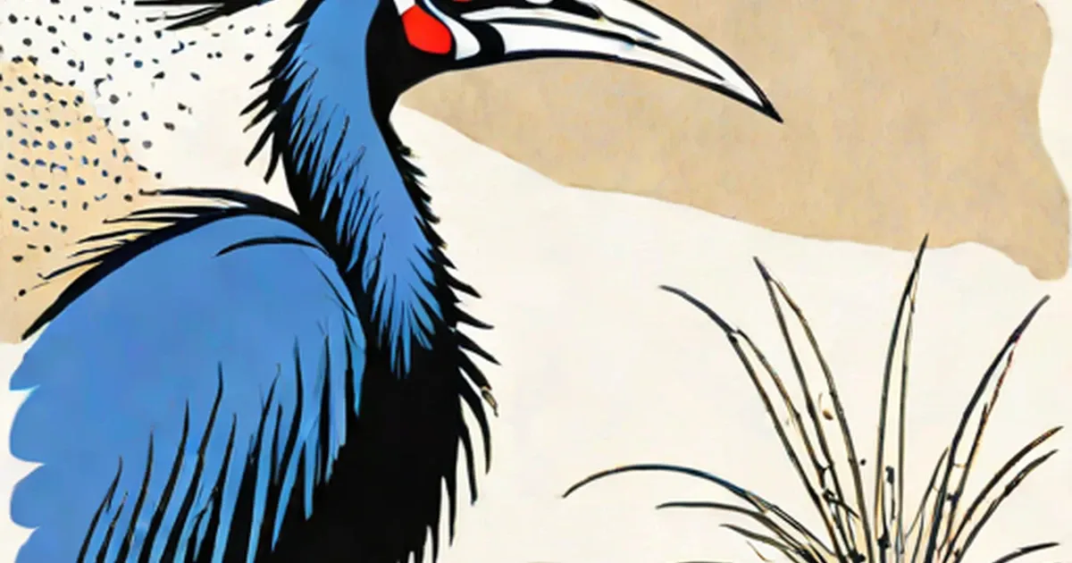 Cassowary with bright blue body, black neck feathers, and red head marking