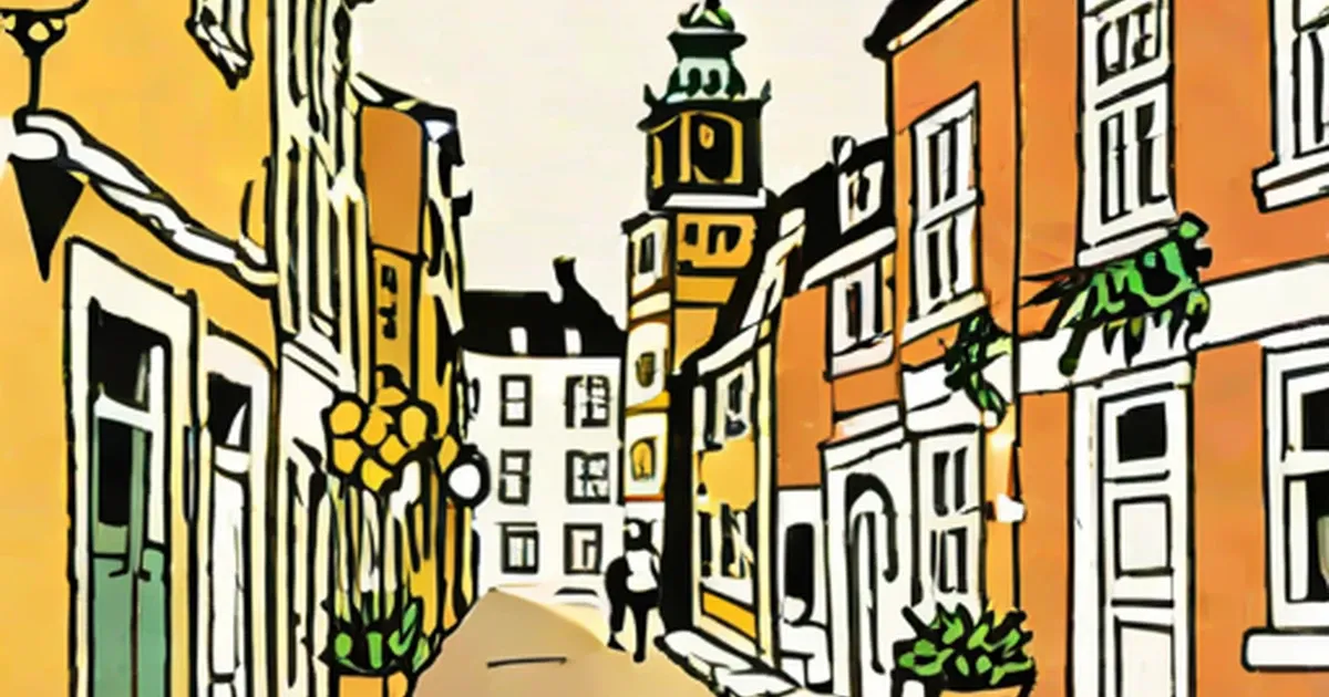 Street scene in a Dutch city with orange and yellow buildings, plants, and a tower
