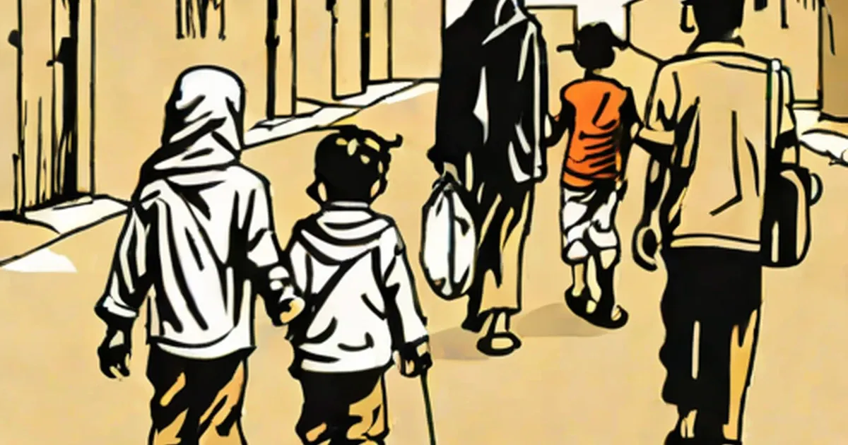 Children and families on a Gaza street amid armed soldiers