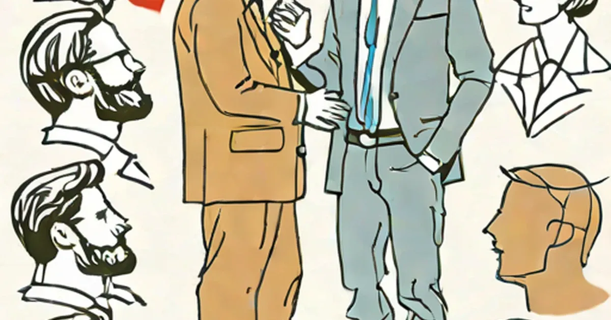 Illustrated men in different colored suits showing various emotional expressions