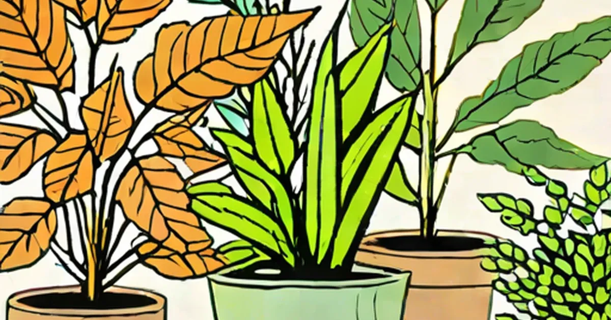 Illustration of three potted houseplants with orange, lime green, and dark green leaves