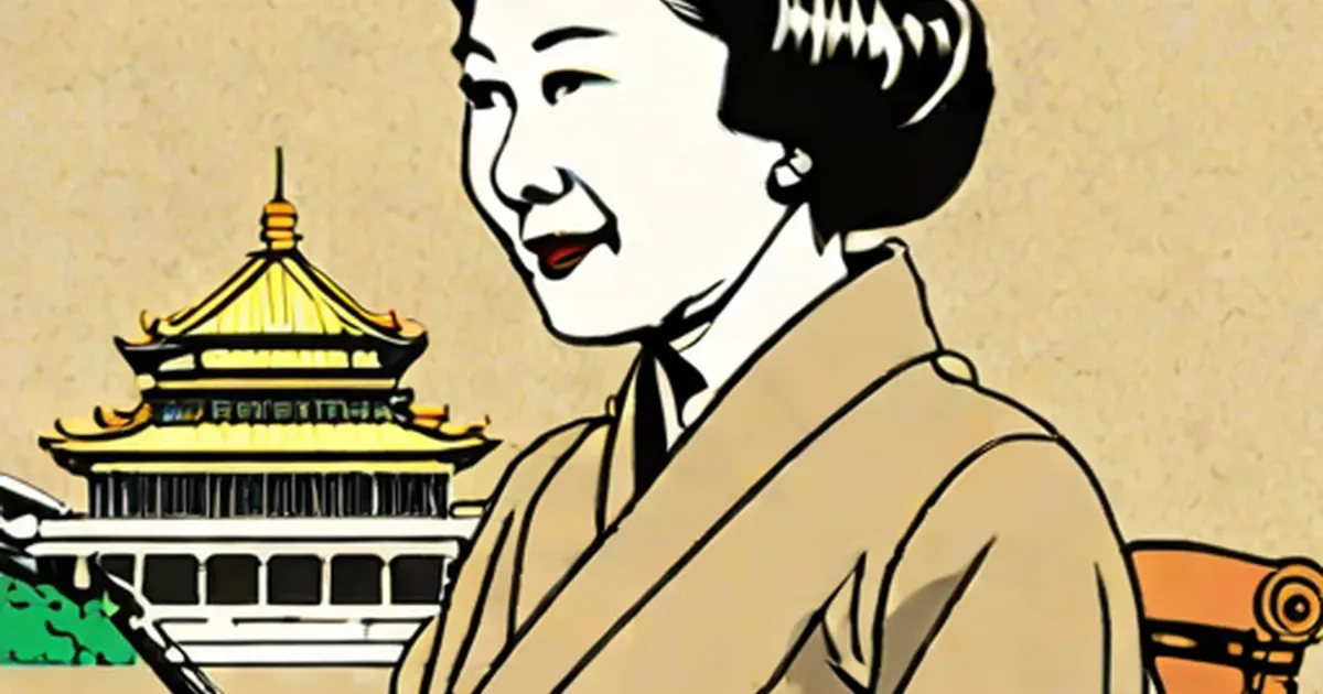 Madame Chiang Kai-shek illustrated next to a yellow pagoda