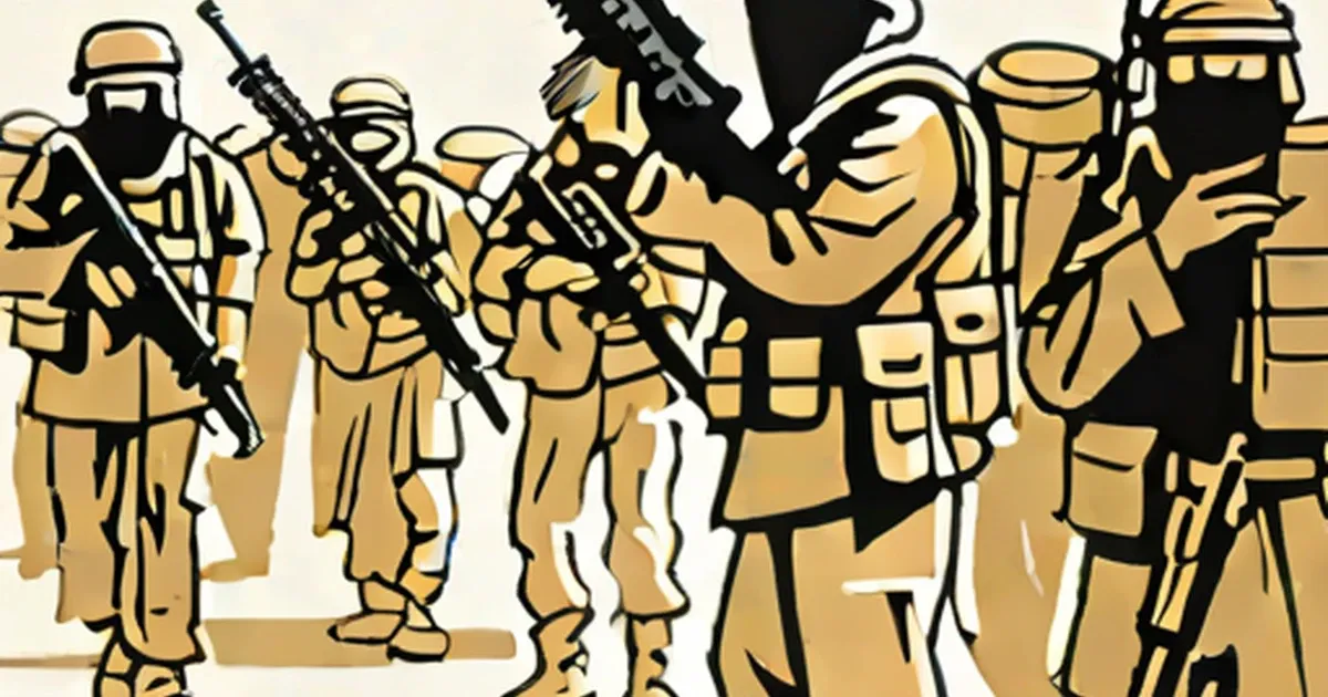 Armed soldiers in tan uniforms holding rifles, illustrated style