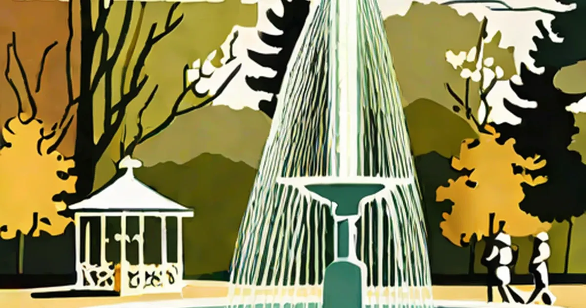 Tiered fountain with cascading water, surrounded by golden trees and a white gazebo structure