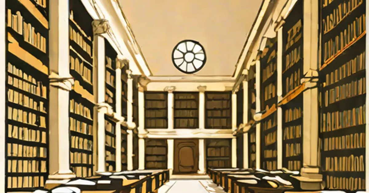 Library corridor lined with golden-spined books, white columns, and a circular skylight overhead