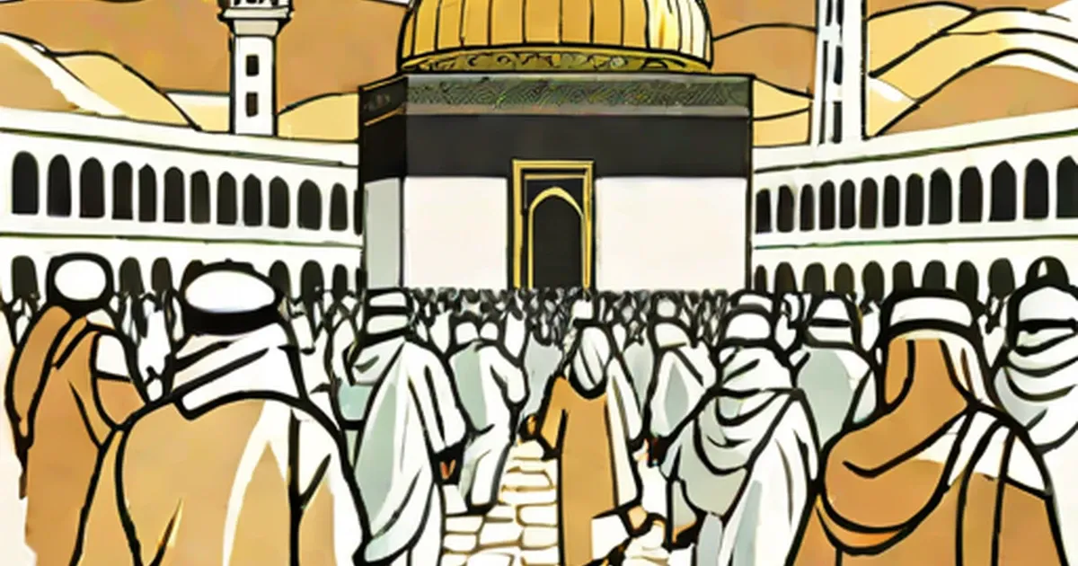 Pilgrims in white and gold robes gathered around the Kaaba