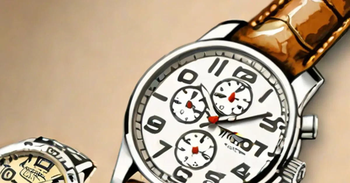 Chronograph watch with multiple subdials, red hands, and brown leather band