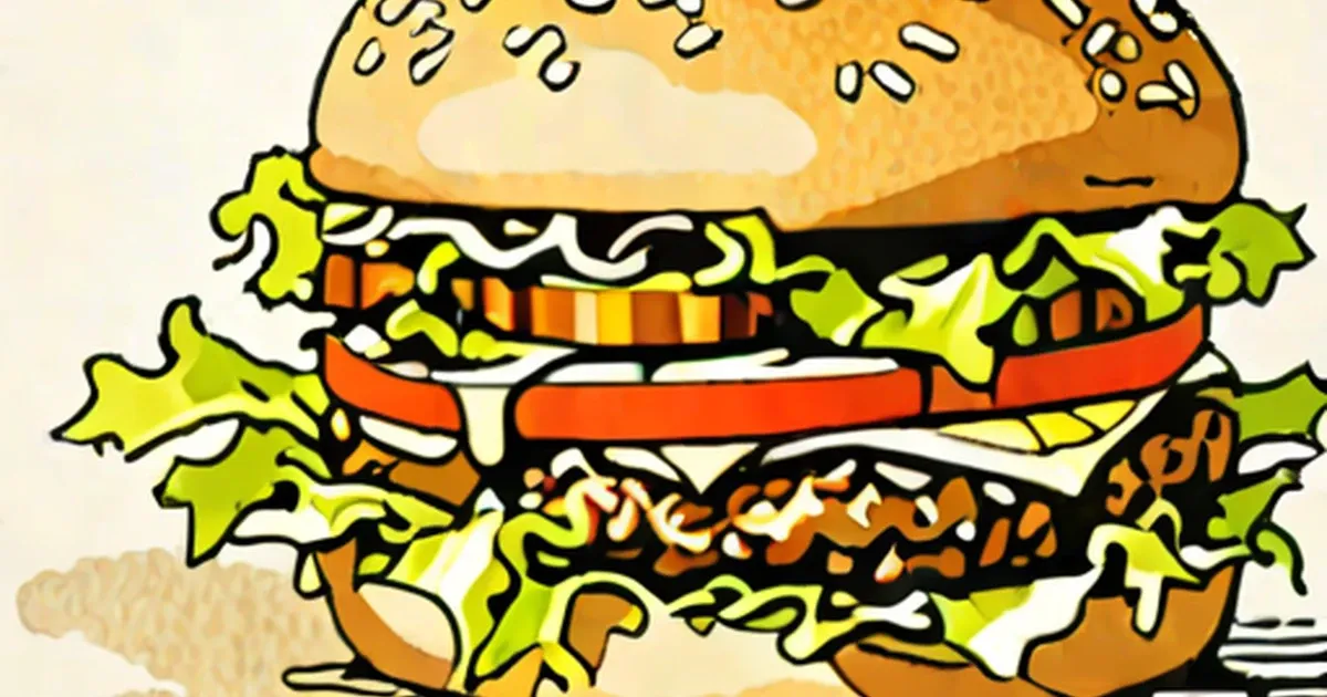 Bright cartoon hamburger with sesame bun, lettuce, tomato and cheese