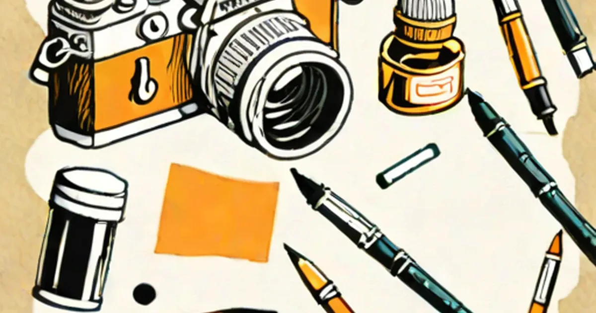 Creative supplies: camera, paintbrushes, ink bottles, and pens arranged on a beige background
