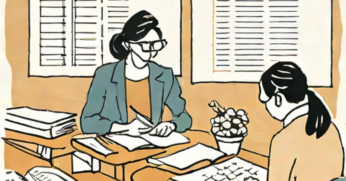 An instructor and student work together at a desk with educational materials