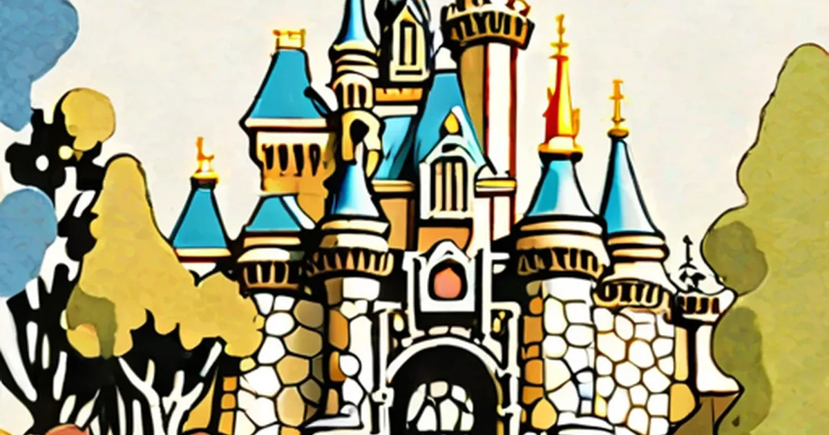 Illustrated Cinderella’s Castle with blue turrets, golden details, and surrounding trees