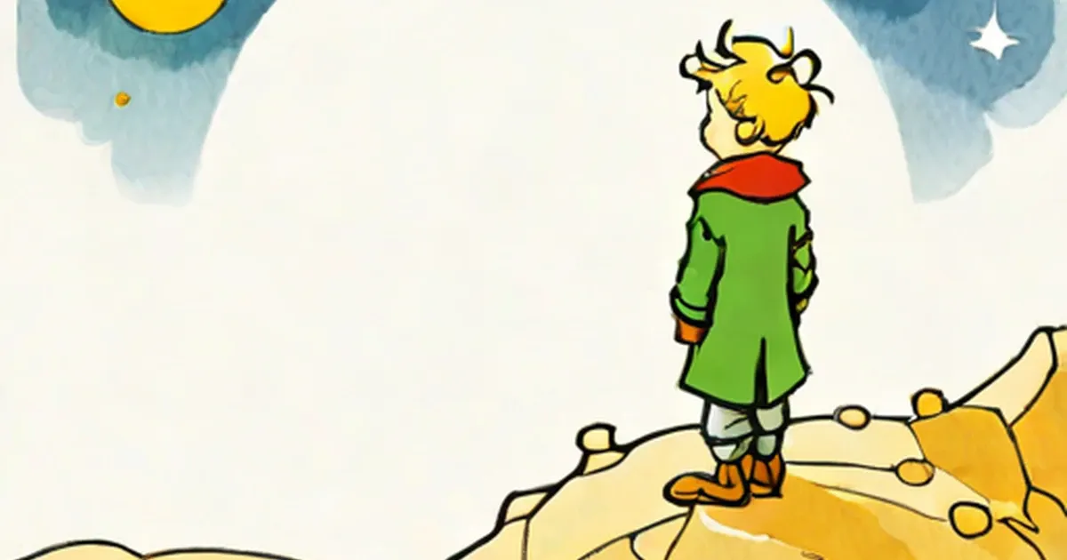 Small figure with yellow hair in green coat standing on a planet