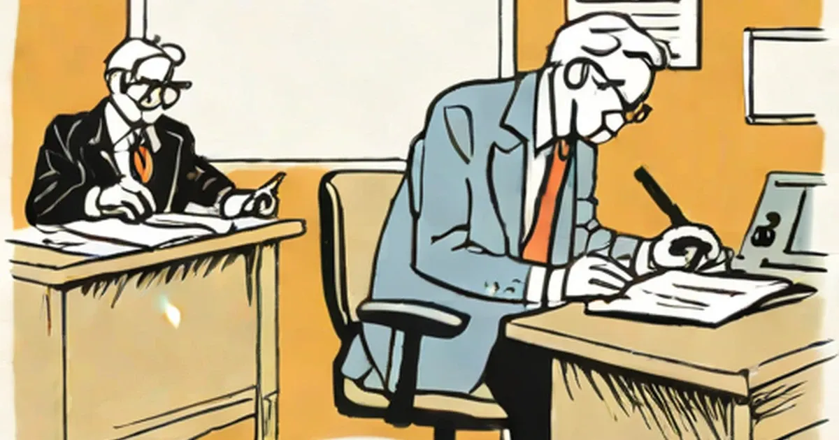 Two businessmen at desks in a retro office illustration