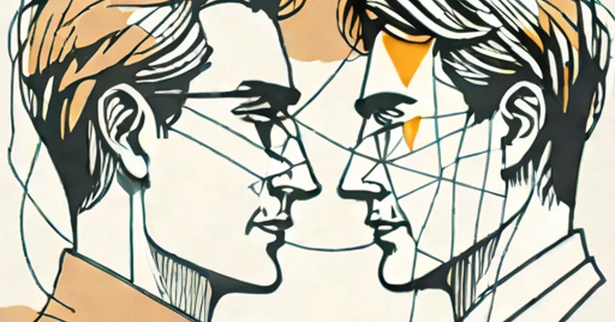 Two facing profiles connected by network lines and orange triangular shapes