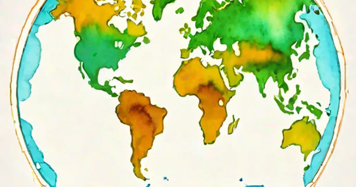 World map with green and orange continents against blue oceans