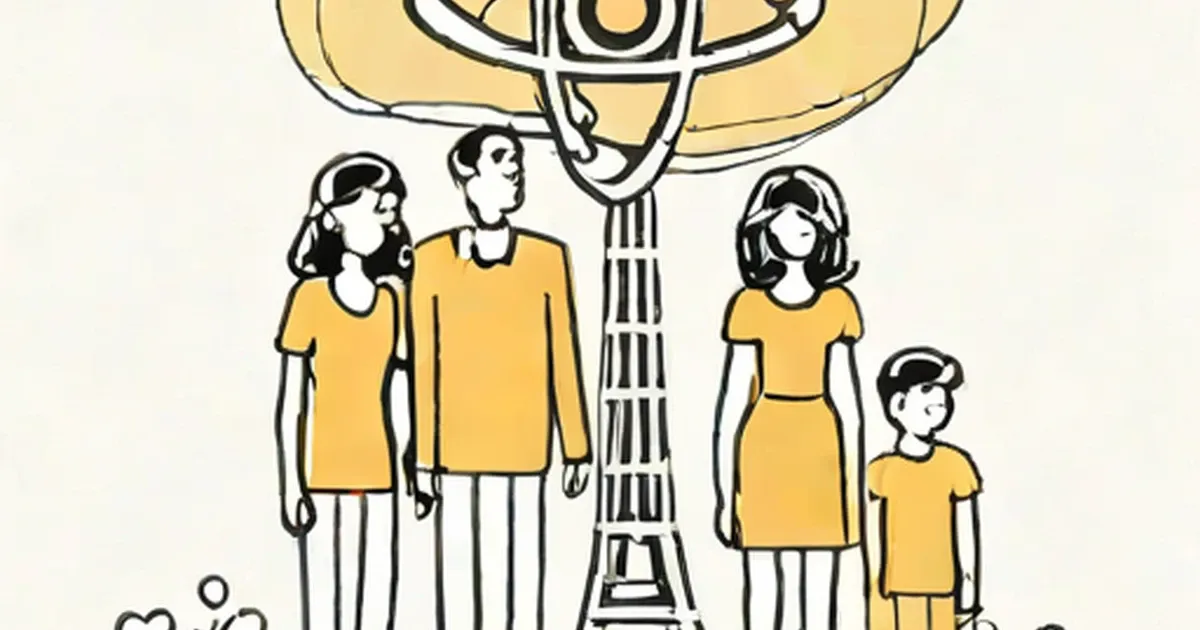 Four people in yellow standing under a stylized atom symbol, line-drawn illustration