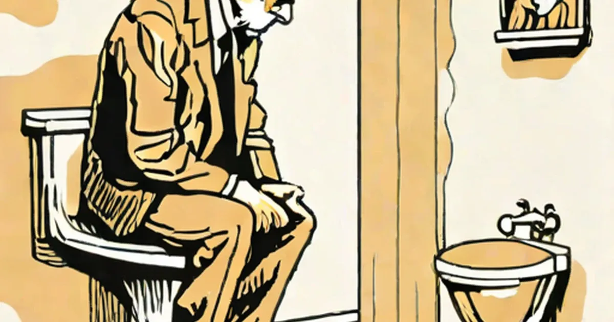 Old man on toilet gazing thoughtfully at wall-mounted urinal