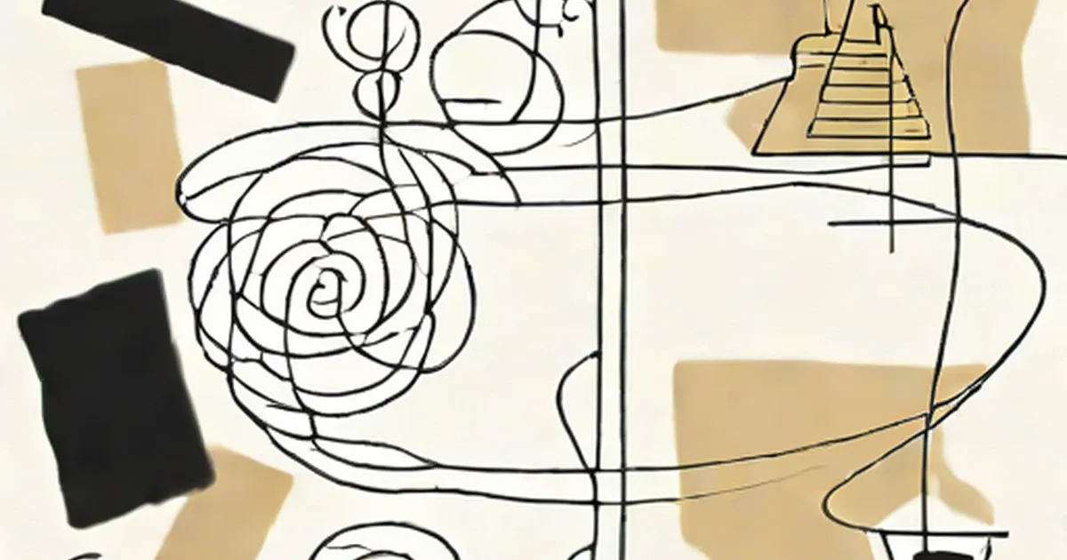 Abstract line drawing with tangled scribbles and scattered paper shapes