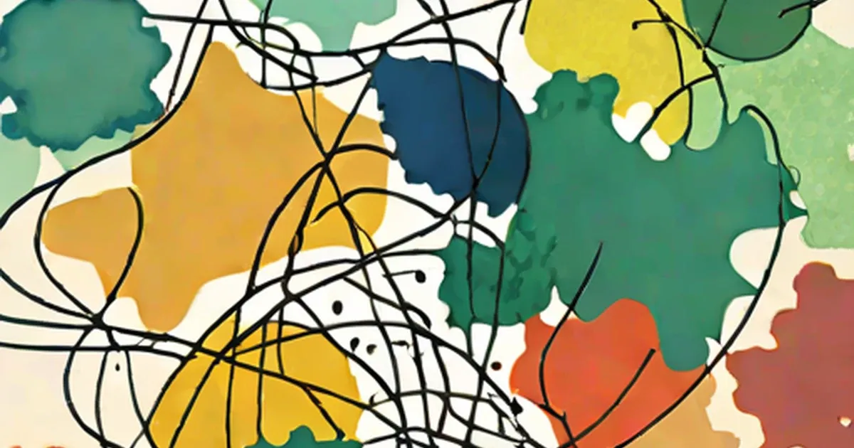Overlapping stylized flowers and leaves in shades of yellow, green, blue, coral, and cream