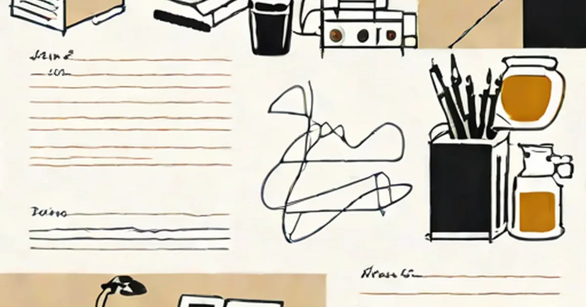 Illustrated desk with handwritten documents, signatures, pens, and coffee cups