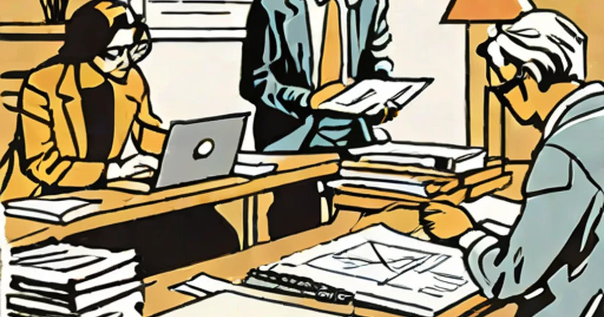 Publishing team managing printed documents at their office