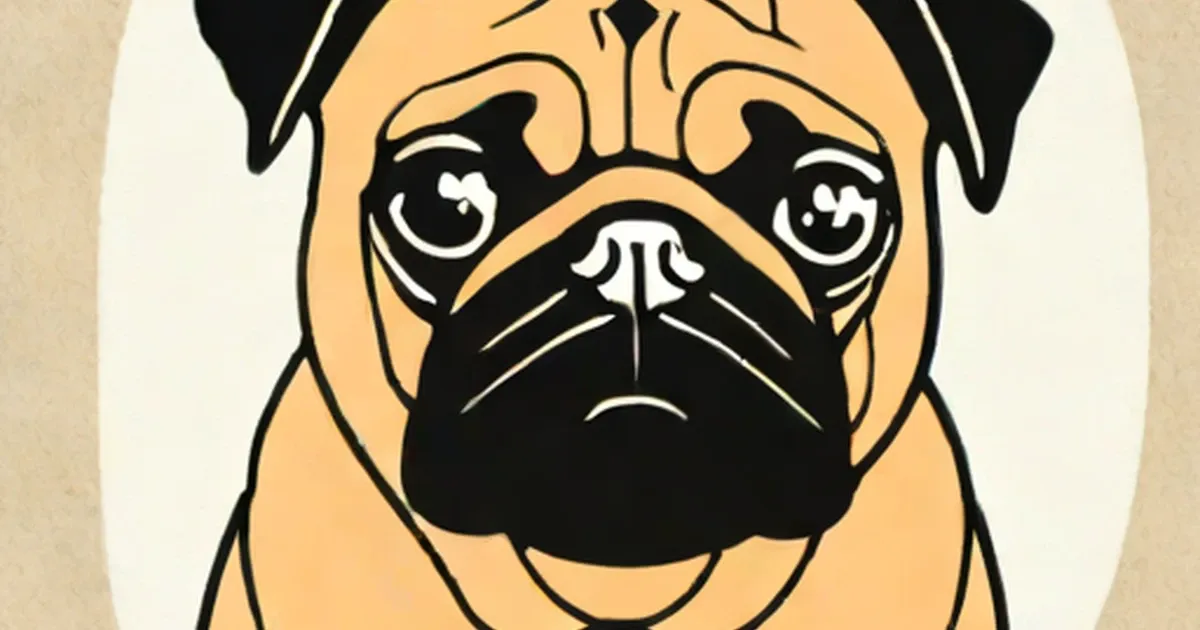 Illustration of a tan pug with black facial markings and bright eyes