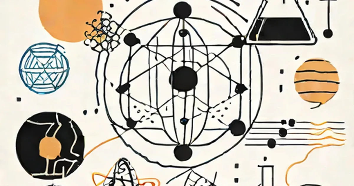 Minimalist scientific diagrams with molecules, circuits, planets, and interconnected network systems