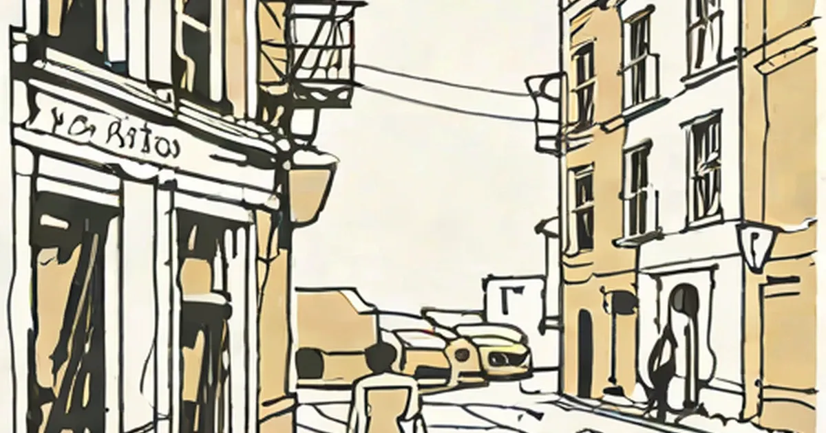 European street corner with historic buildings, cafe storefront, and parked vintage car