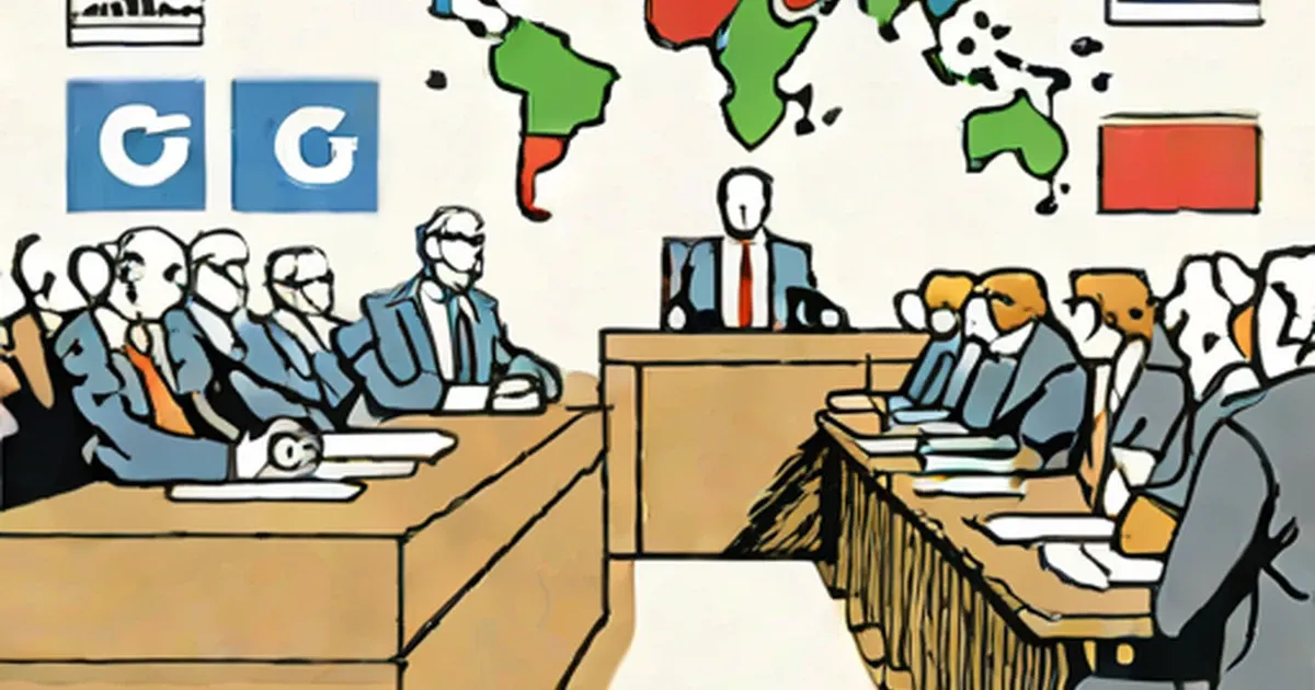 Illustration of a congressional hearing with a speaker testifying at a podium and Google logo displayed