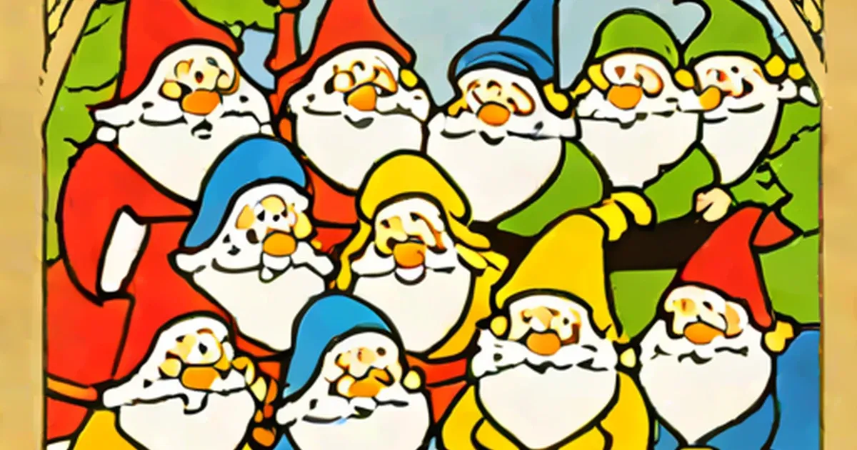Seven smiling dwarfs with white beards in colorful red, blue, and yellow outfits