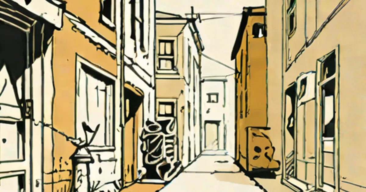 Narrow alley between yellow and white European buildings with overhead power lines