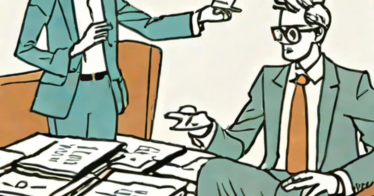 Two businessmen in suits reviewing financial documents at a desk