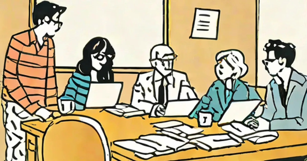 Retro illustration of five people in a business meeting around a conference table