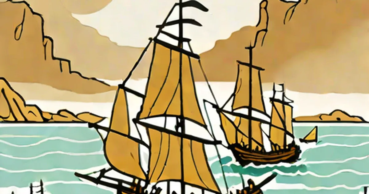Golden-sailed ships navigate turquoise waters flanked by rocky cliffs