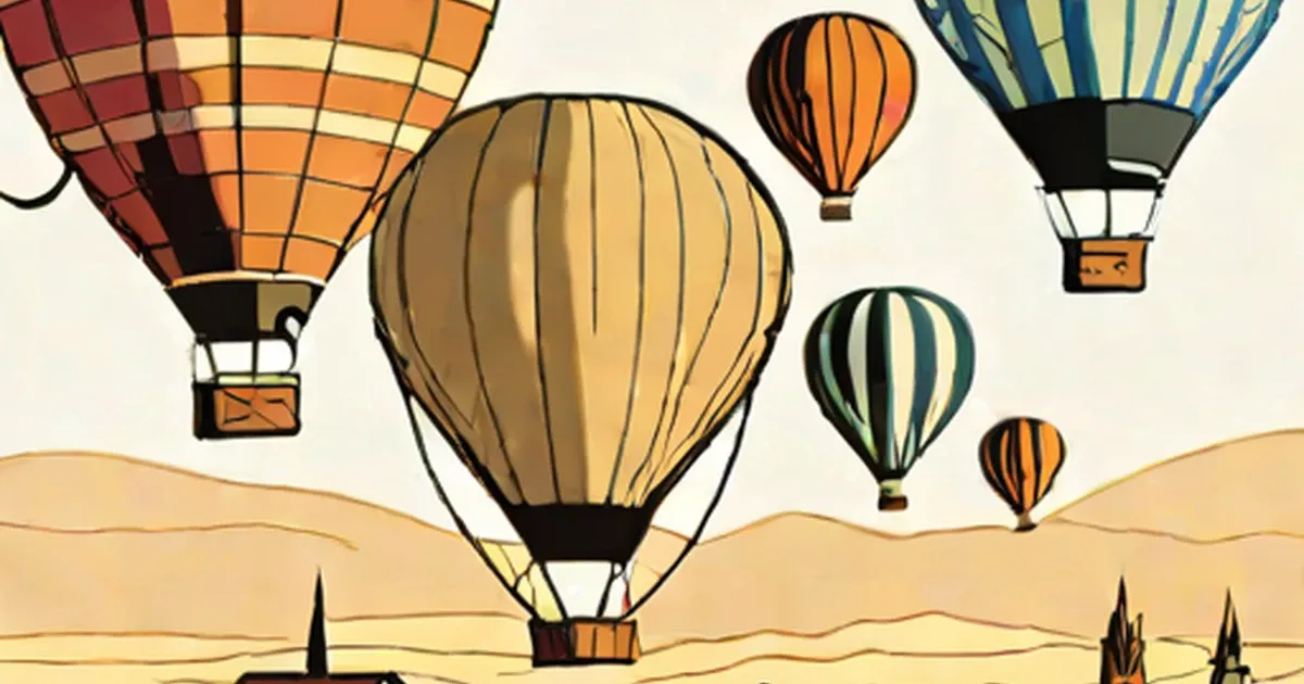 Colorful hot air balloons floating over a desert landscape