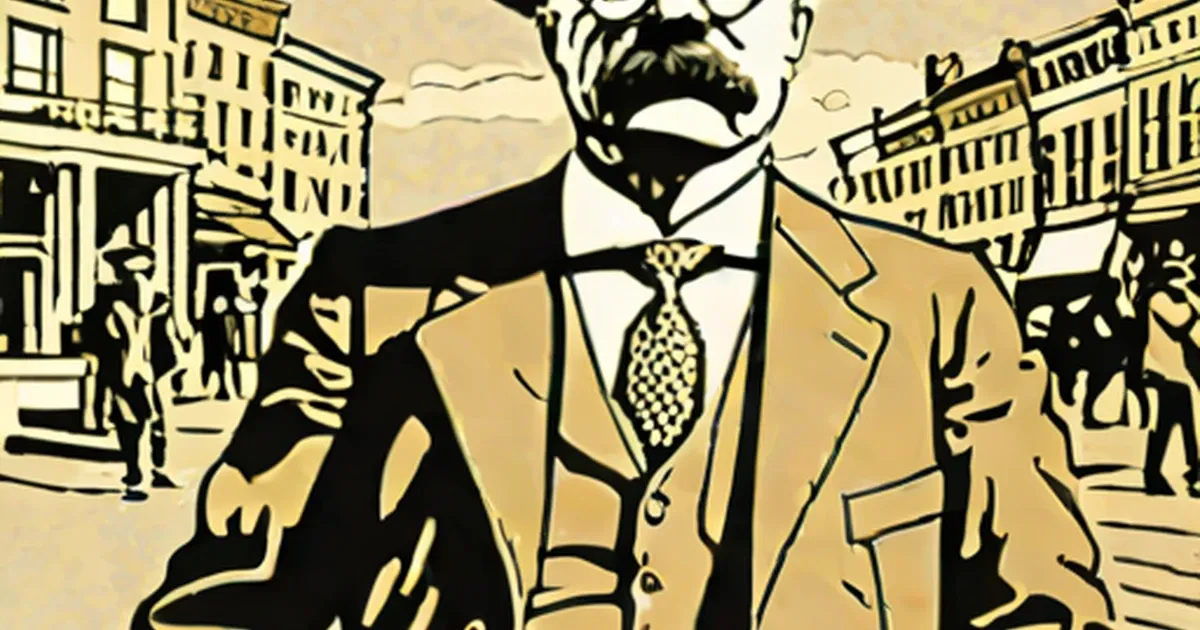 Theodore Roosevelt in tan suit standing on a city street