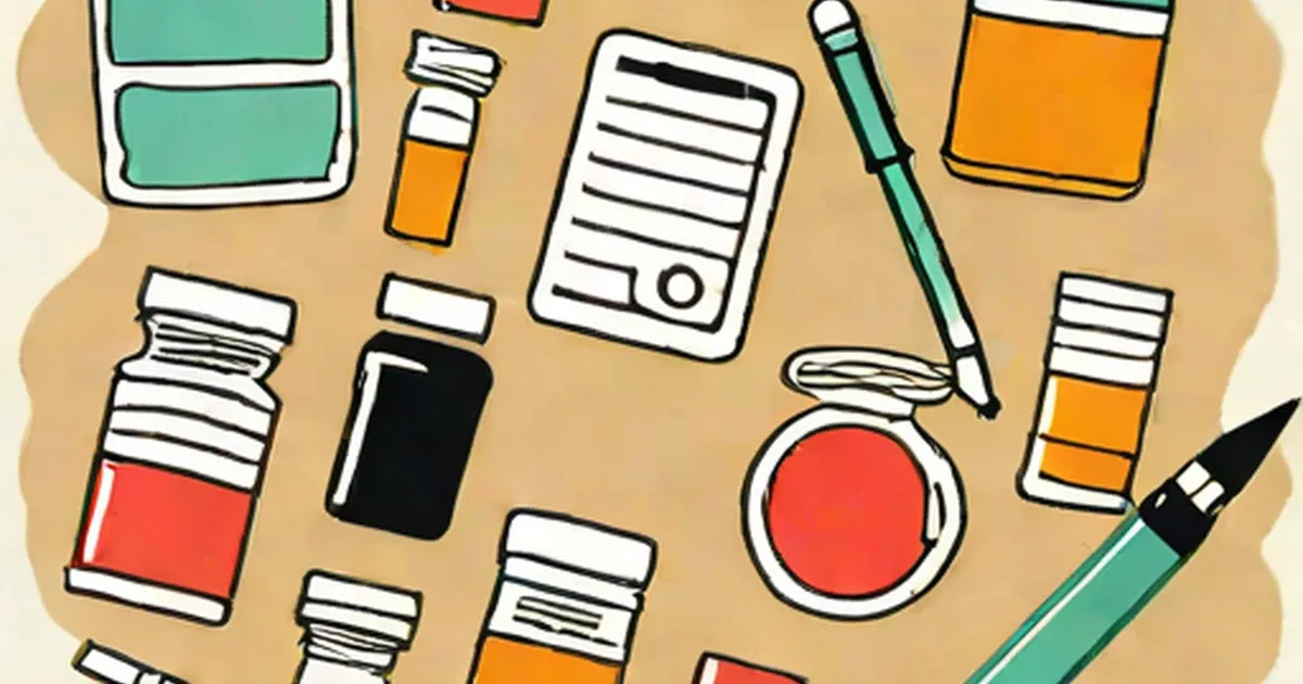 Art supplies and pill bottles in various colors on tan background