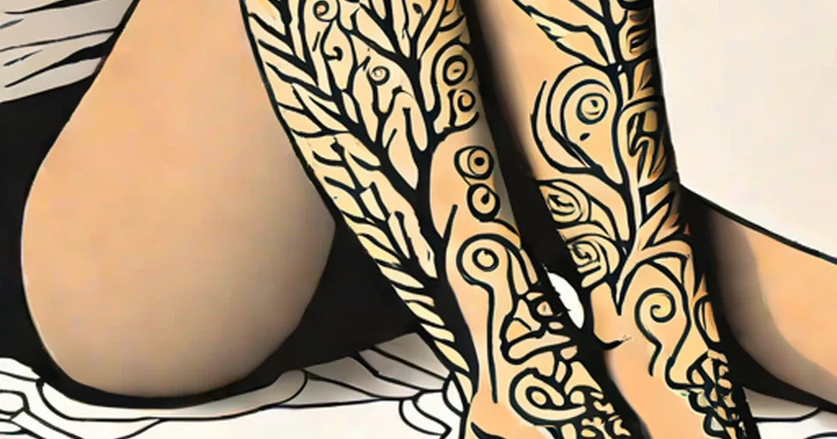 Tattooed thighs with black and gold ornate designs