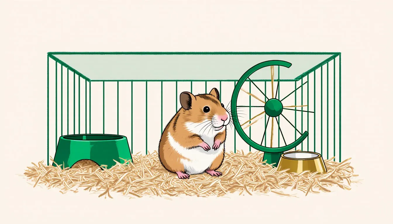 A pet hamster sits in its cage beside a food dish and exercise wheel, the setup a new owner must plan for.