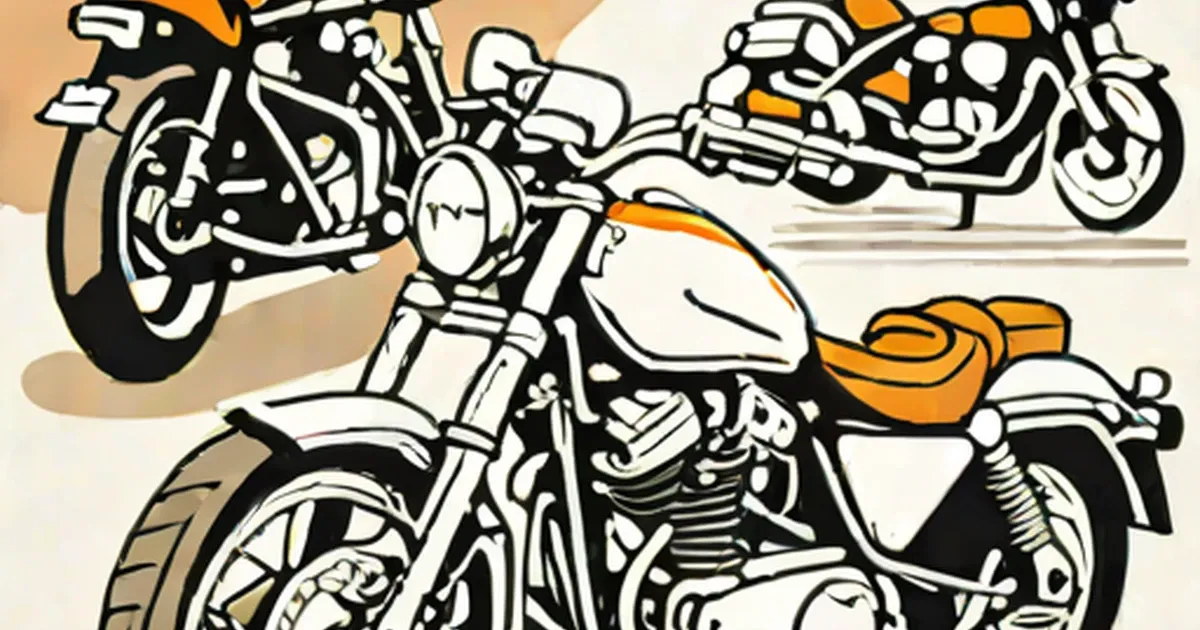Three cruiser motorcycles rendered in bold line illustration with orange accents