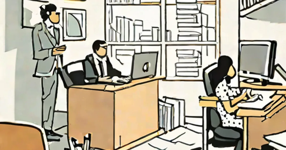 Office workers sit at desks surrounded by filing cabinets and paperwork