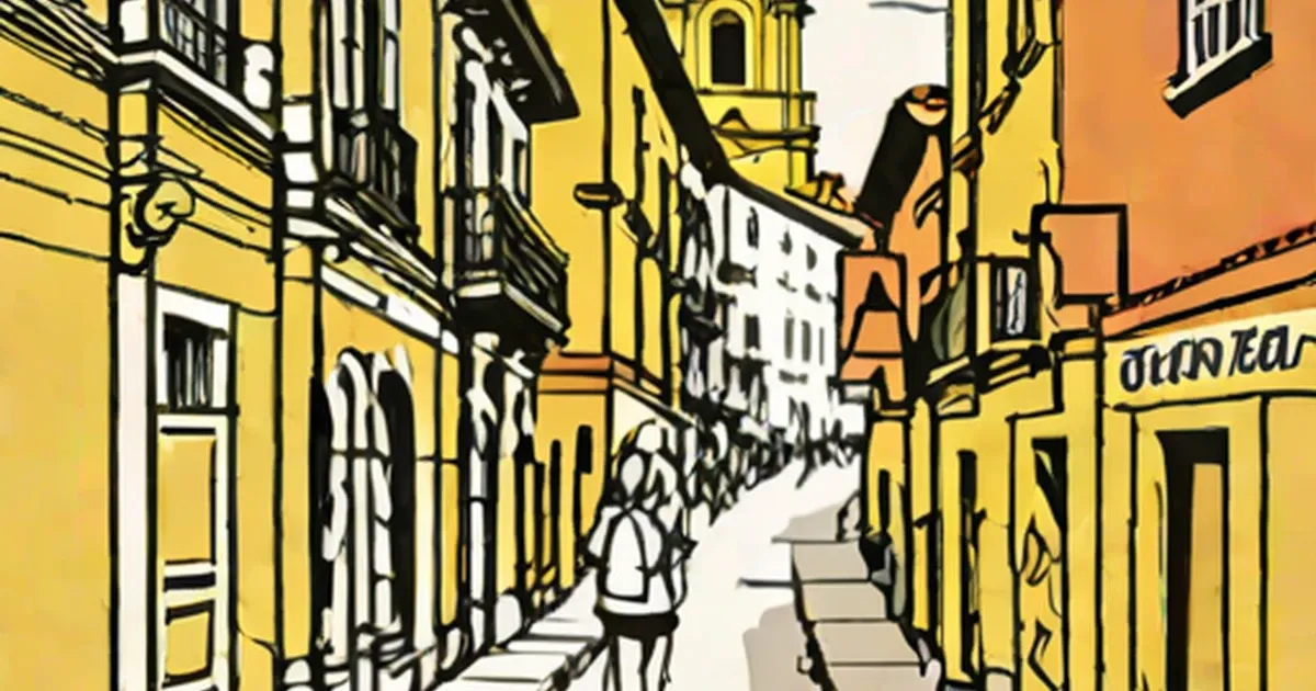 Yellow colonial buildings line a narrow street in historic Bogota