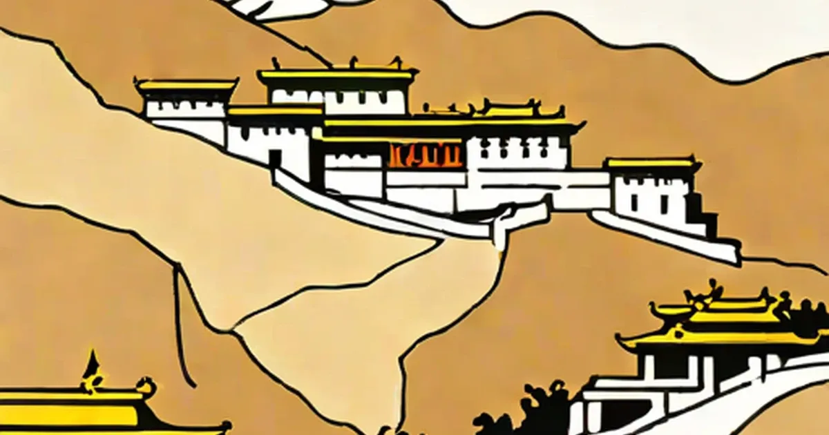 Tibetan monasteries with upturned roofs and ornamental eaves in an arid landscape