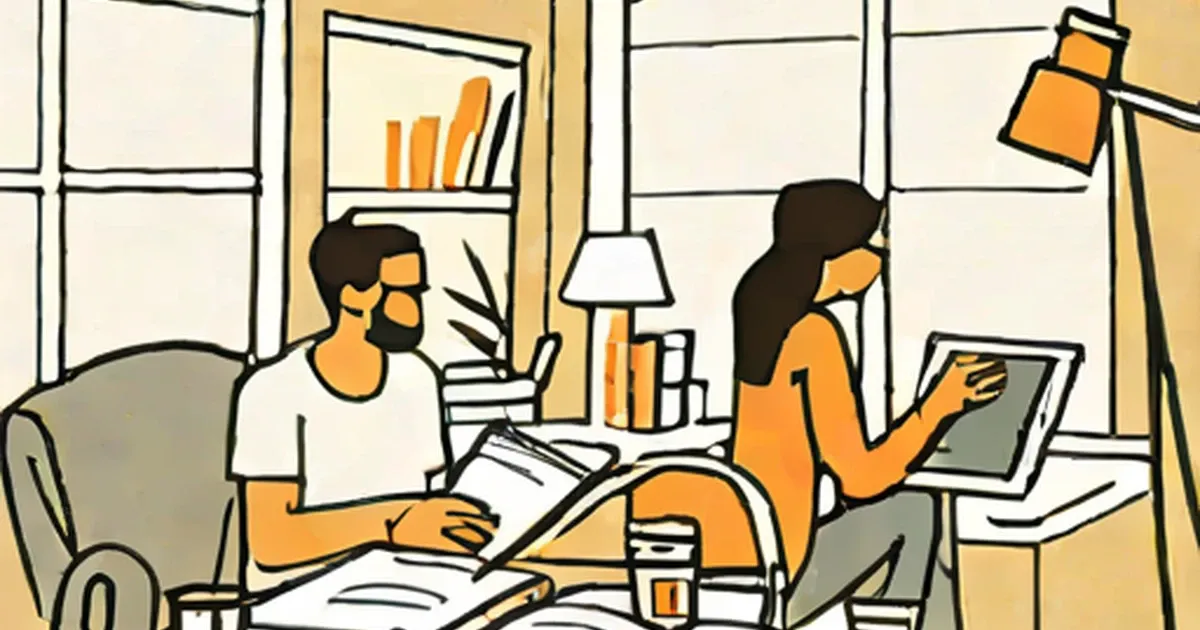 Person holding documents and another with a tablet in a sunny home
