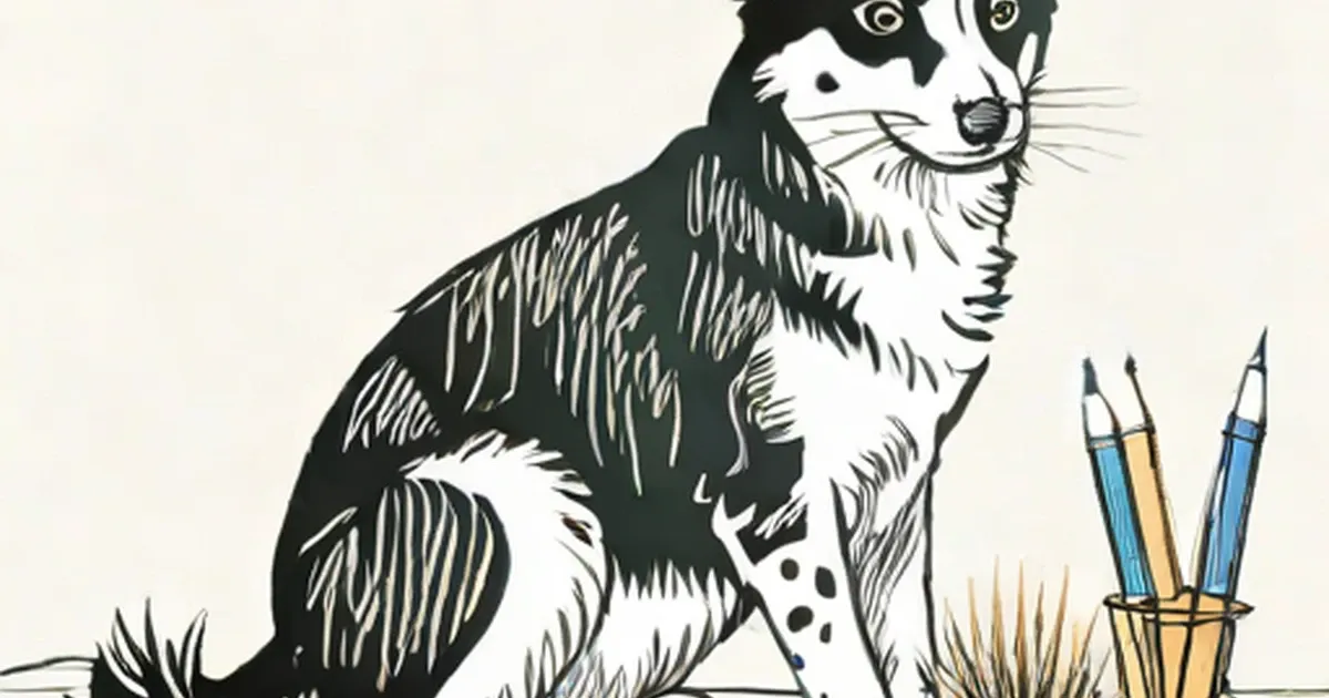 Black and white dog sitting with pencils in holder