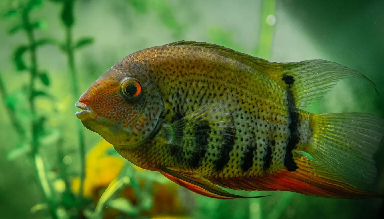 A green severum cichlid with red-edged fins among plants